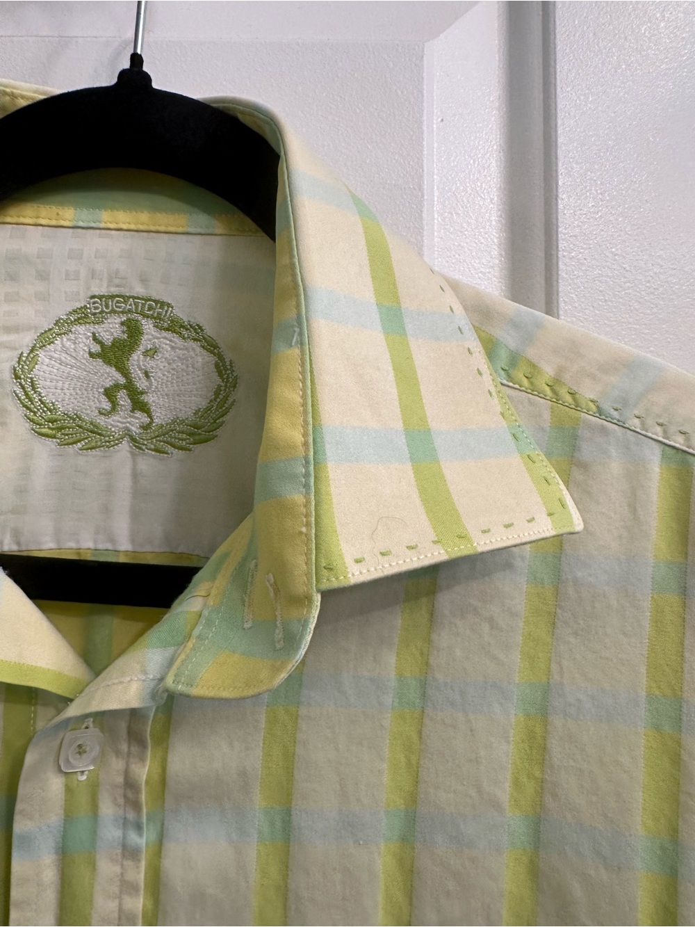 Bugatchi Luxury Plaid 100% Cotton Button-Down Shirt Men M Yellow and Light Green